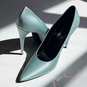 Saint Laurent Aqua Satin Pointed-Toe Stiletto Pumps